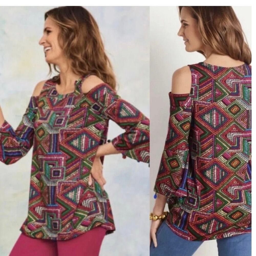 Soft Surroundings Multicolor Rocco Branco Cold Shoulder Beaded Cuff Top M